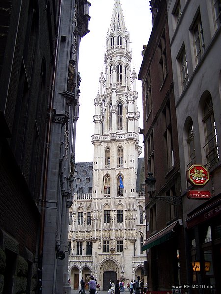 The tower of the townhall, seen from one of the seven streets that lead to the main square.