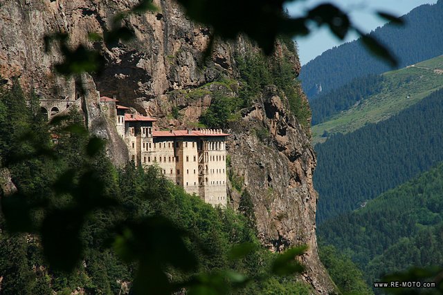 The Sumela monastery is constructed on a mountainside.